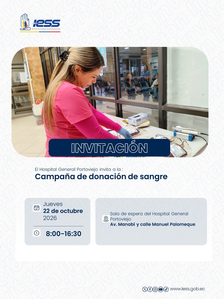 IESS_Manabi's tweet photo. #IESSteCuida | Te invitamos a ser parte de esta iniciativa solidaria, donde cada donación es una oportunidad para brindar esperanza y regalar más momentos de vida.

🩸 Donar sangre es un acto de amor que puede hacer la diferencia.
📅 22 de octubre
📍 Av. Manabí y Manuel Palomeque https://t.co/9cpjQdLXvT