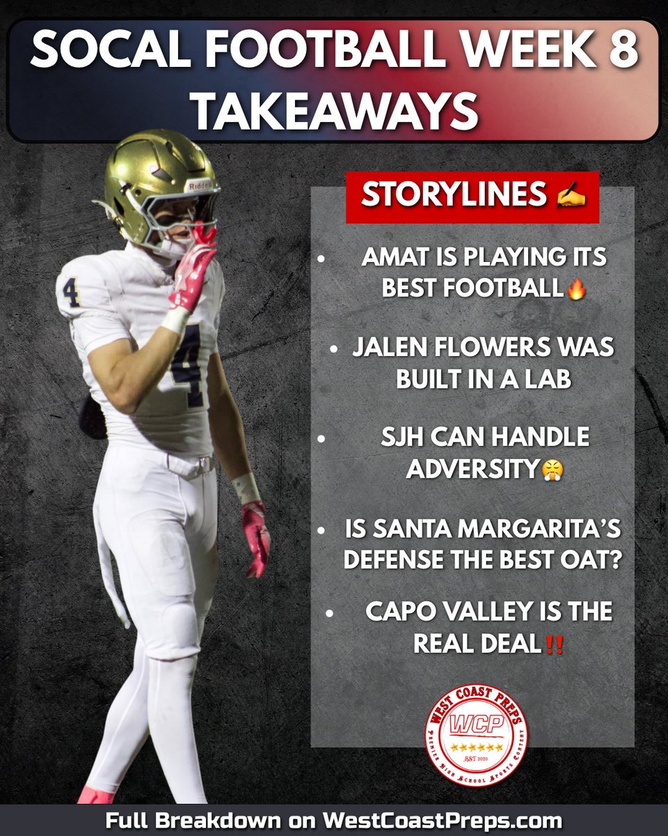 LA__WCP's tweet photo. Five Week 8 SoCal Takeaways

Amat hitting its stride, Capo Valley makes a statement and more🔥

Story: https://t.co/Xqmbsz4R6i https://t.co/ODK3InxVCZ