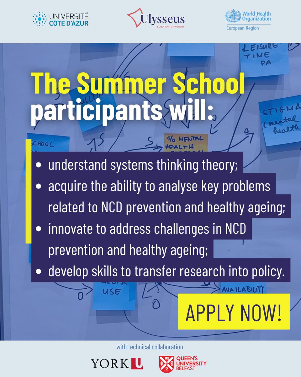 WHO_Europe's tweet photo. 📢 The WHO Summer School on Systems Thinking and #Innovation for NCD Prevention and Healthy Ageing will take place 20-23 July 2027. You'll learn how to apply systems thinking to complex public health challenges. 

⏰ Apply by 23 November 2026👇
https://t.co/7O7LCMIp9x
#NCDs https://t.co/arjkuUSXPm