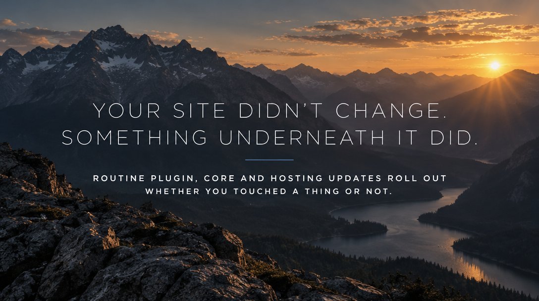 akirastudio's tweet photo. Your site didn't change. Something underneath it did. Plugin, core and hosting updates roll out whether you touched a thing or not - that's why maintenance is ongoing, not optional. https://t.co/Pl0Iyczp7x https://t.co/EstgYWDYAv
