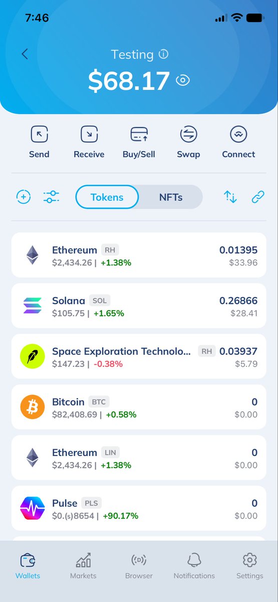 everwisefool's tweet photo. To all at @Atlas and @CedarDAO and everyone else who rocks. 
Atlas Wallet testing  - I just cross chained swapped some Sol for Eth(Robinhood) , took around 25 seconds to complete! So fast. I then went into the Atlas web browser and looked up Robinhood tokenised stocks, found SpaceX from the many stock options and copied its tokenised contract address. 
I then pasted the contract address into one of my Atlas wallet testing accounts where I had just swapped some Sol for Eth(Robinhood) and using the on chain swap feature, swapped some Eth(Robinhood) for some Space X tokens . 
So quick, seamless and intuitive. What a beast 😀