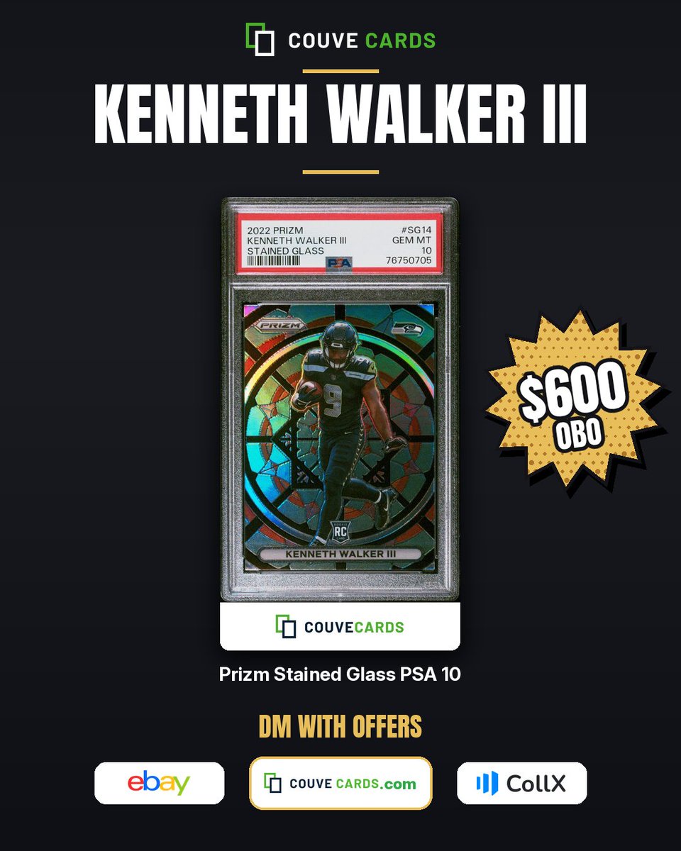 TheCouveCards's tweet photo. The last Kenneth Walker III PSA 10 standing 🔥 Prizm Stained Glass, $600 OBO. DM with offers

https://t.co/AO2SDVXdq8

#KennethWalkerIII #KW3 #Seahawks #GoHawks #ChiefsKingdom #SuperBowlMVP #Prizm #PSA10 #RookieCard #TheHobby #SportsCards #FootballCards https://t.co/mWmnYUi6vs