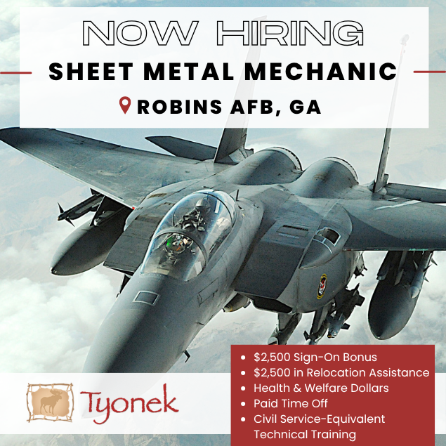 JSfirm's tweet photo. Tyonek Services Group is hiring experienced Aircraft Sheet Metal Mechanics to join our contractor team in Warner Robins, Georgia!

🔧 $2,500 Sign-On Bonus
🔧 $2,500 in Relocation Assistance
🔧 Health &amp; Welfare Dollars
🔧 Paid Time Off

Apply here ➡️ https://t.co/ZernK20Si1 https://t.co/cpscMB50du