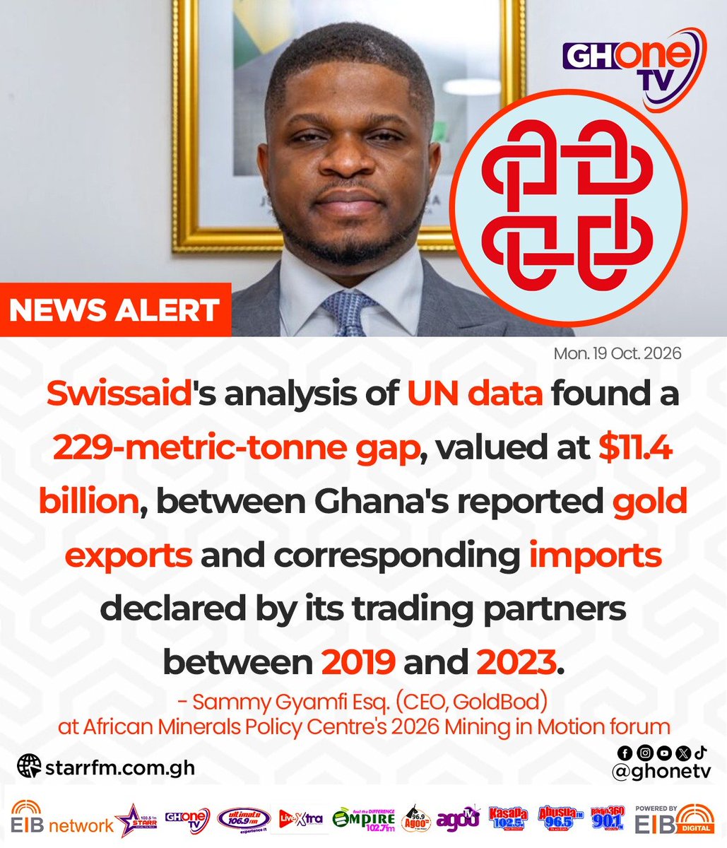 ghonetv's tweet photo. Swissaid's analysis of UN data found a 229-metric-tonne gap, valued at $11.4 billion, between Ghana's reported gold exports and corresponding imports declared by its trading partners between 2019 and 2023... - Sammy Gyamfi Esq. (CEO, GoldBod)
#EIBNetwork #GHOneTV
#GHOneNews #NewsAlert