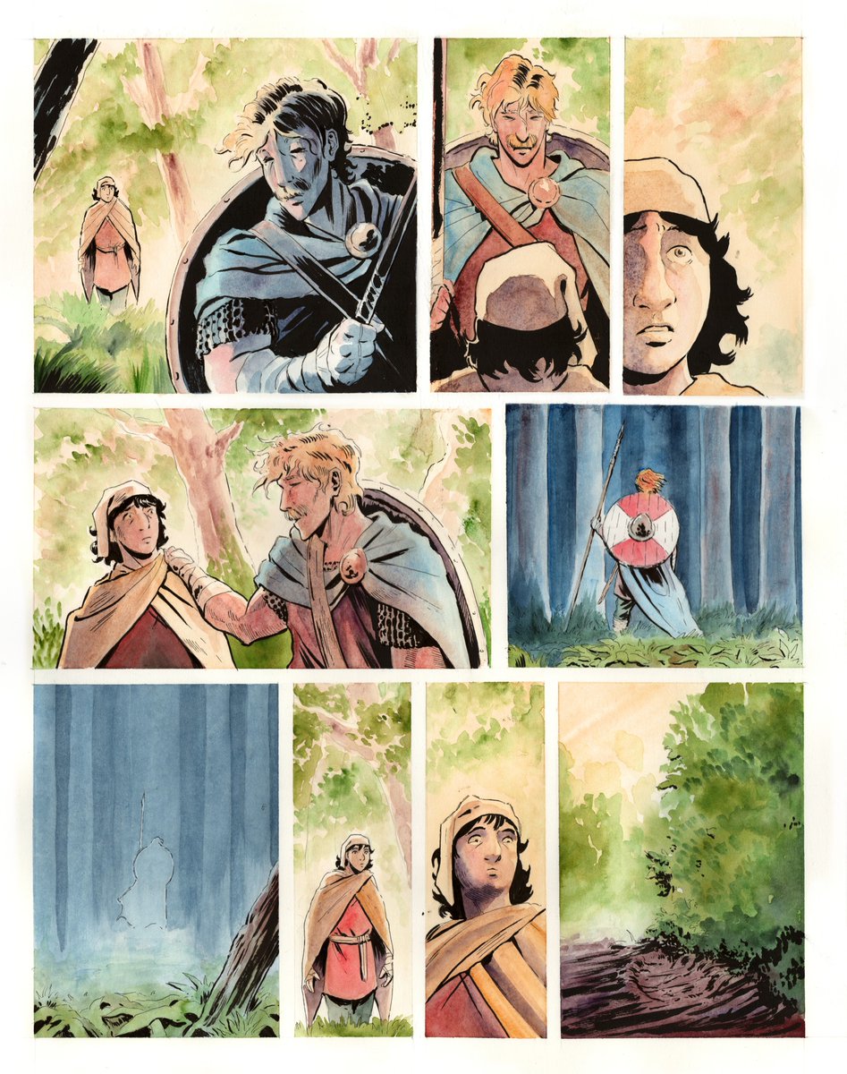jholtillus's tweet photo. The first 4 pages sans text for PetraCor, my Anglo-Saxon graphic novel.

Each chapter is a self-contained episode. A early-medieval Twilight Zone structure with stories inspired by Dante, English and Celtic fable, and the real history of 8th century England.

I can't wait to start drawing creatures. The truly strange stuff. That's certainly a highlight.

But the heart of the story is two men --one a Saxon thegn whose life of bloody conflict has left him searching for meaning, and the other a young Lombardian exile whose aristocratic family was unseated by Charlemagne's conquests in Italy. With all lost, he lives in the present.

Thrown together, they wander the length of Albion on a path to the Holy Isle of Lindisfarne, navigating the layers of cultures that centuries of conquest had brought to the isle.

Saints, monsters, druids, wicked gods and men, nature and the ruins it has reclaimed pepper the road between Wintanceastre and Lindisfarne in Anno Domini 793.