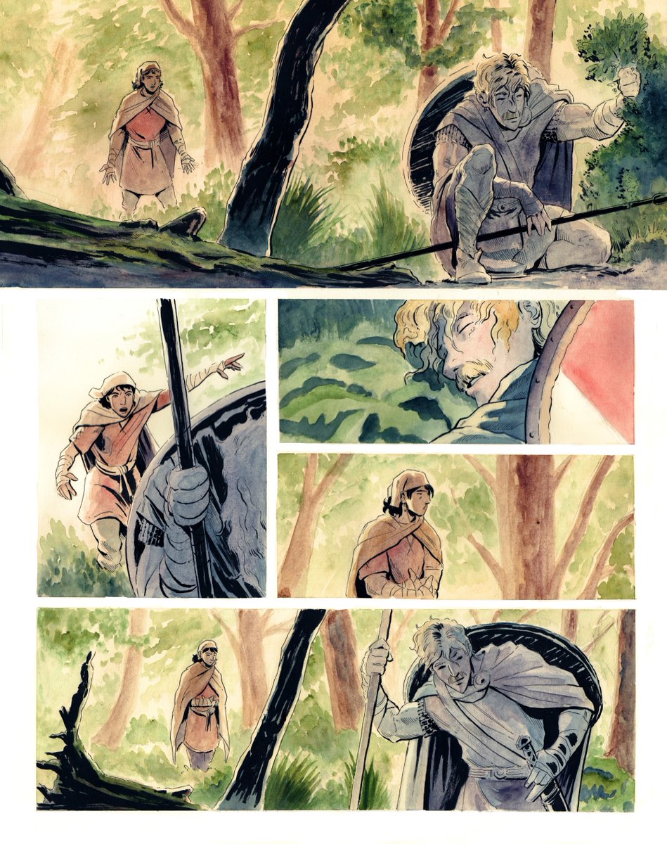 jholtillus's tweet photo. The first 4 pages sans text for PetraCor, my Anglo-Saxon graphic novel.

Each chapter is a self-contained episode. A early-medieval Twilight Zone structure with stories inspired by Dante, English and Celtic fable, and the real history of 8th century England.

I can't wait to start drawing creatures. The truly strange stuff. That's certainly a highlight.

But the heart of the story is two men --one a Saxon thegn whose life of bloody conflict has left him searching for meaning, and the other a young Lombardian exile whose aristocratic family was unseated by Charlemagne's conquests in Italy. With all lost, he lives in the present.

Thrown together, they wander the length of Albion on a path to the Holy Isle of Lindisfarne, navigating the layers of cultures that centuries of conquest had brought to the isle.

Saints, monsters, druids, wicked gods and men, nature and the ruins it has reclaimed pepper the road between Wintanceastre and Lindisfarne in Anno Domini 793.