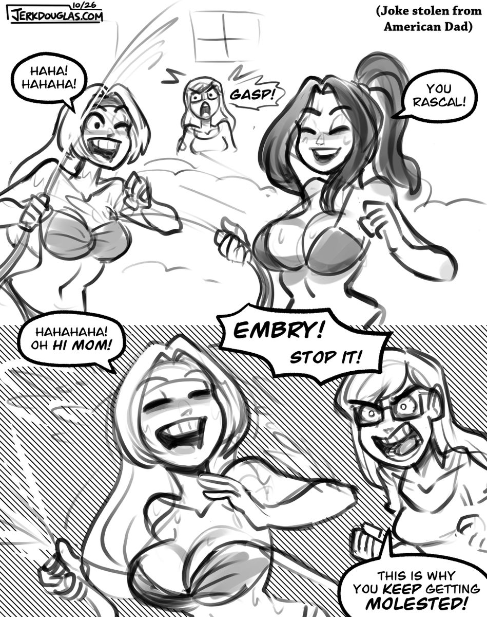 HerrHighground's tweet photo. It's carwash time! @JohnGra44983266 demanded a chocolate carwash, and Embry shows up... then Embry gets into a sexy hose fight with the neighbor.

(Extra layer of notation: I cannot claim credit for the second page joke.) https://t.co/rMg21NvhlT