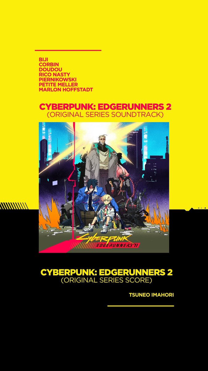 MilanRecLabel's tweet photo. Night City has a new sound. 

The Cyberpunk: Edgerunners 2 Original Series Soundtrack &amp; Score is here.

Featuring music by BIJI, Corbin, Petite Meller, Rico Nasty, DOUDOU, Piernikowski, and Marlon Hoffstadt, with an original score by Tsuneo Imahori.

https://t.co/YTRSry1dVU https://t.co/QDSqNUgcG2