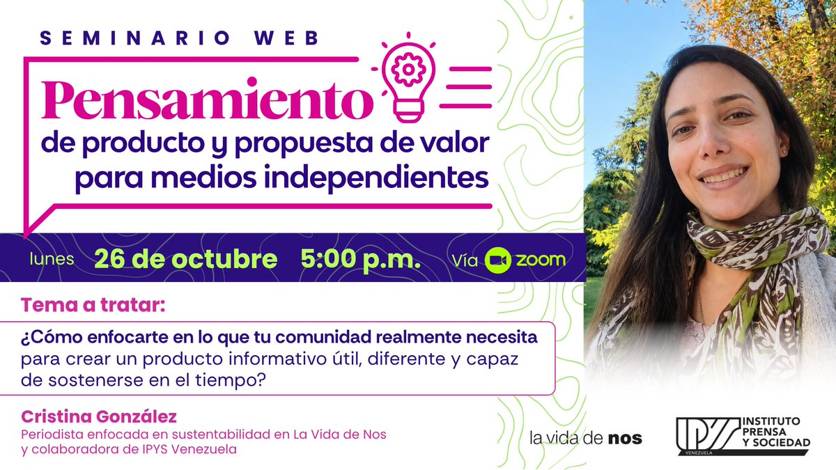 ipysvenezuela's tweet photo. Pensar tu medio como un producto: de qué vive y a quién le sirve.
🗓️ Lunes 26 de octubre
🕔 5:00 pm
🎙️ Con Cristina González, periodista enfocada en sustentabilidad en @lavidadenos y colaboradora de @ipysvenezuela
Inscríbete 👉 https://t.co/QQDFNYzPU6 https://t.co/iqKsyNDhlZ