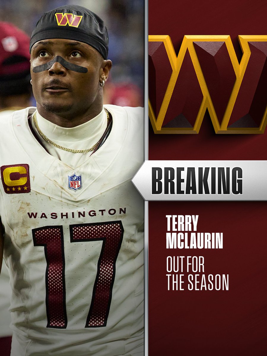 NFL's tweet photo. Commanders WR Terry McLaurin suffers torn patellar tendon and is out for the season, per HC Dan Quinn. https://t.co/sWUbJRdEAp