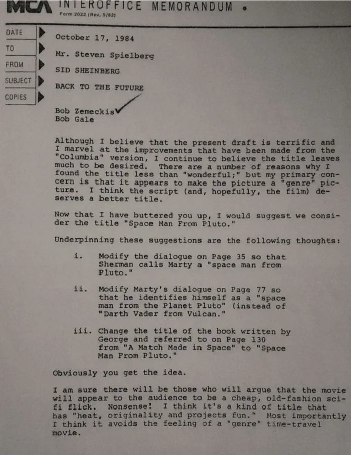 ATRightMovies's tweet photo. Universal studio head Sid Sheinberg was not sold on the title of BACK TO THE FUTURE, and sent Steven Spielberg this memo with some strange suggestions. https://t.co/Pj2dBRvrsk