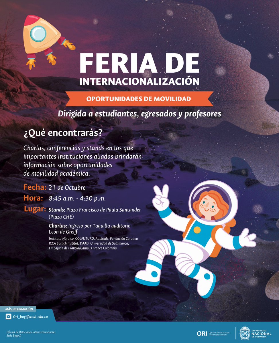 BogotaUNAL's tweet photo. Feria de Internacionalización este 21 de oct, de 8:45 a.m a 4:30 p.m. Descubre opciones de movilidad en Plaza Che y León de Greiff en #BogotaUNAL. #Agéndate #ComunidadUNAL #SomosOportunidades https://t.co/kQntKt4Kiu