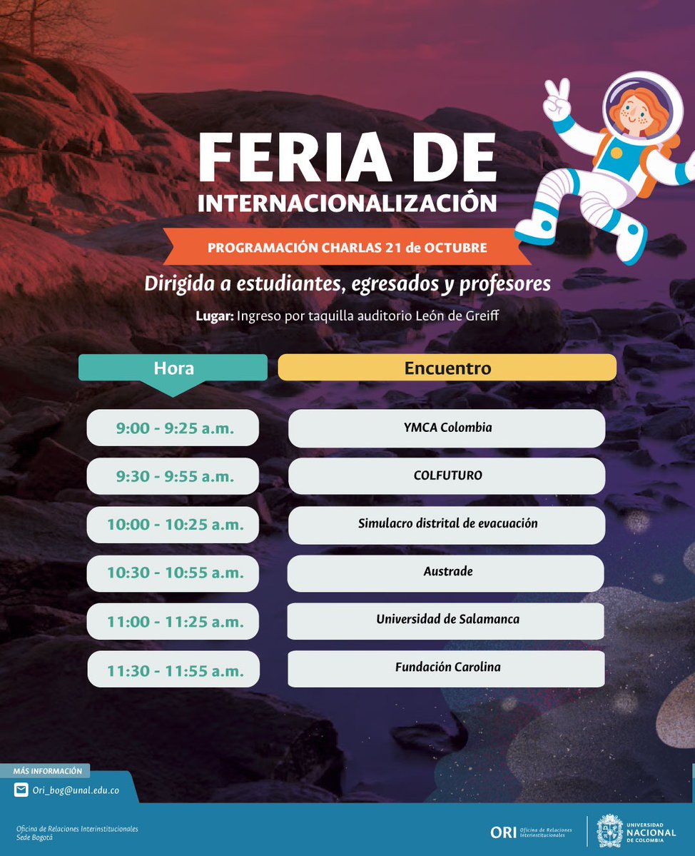 BogotaUNAL's tweet photo. Feria de Internacionalización este 21 de oct, de 8:45 a.m a 4:30 p.m. Descubre opciones de movilidad en Plaza Che y León de Greiff en #BogotaUNAL. #Agéndate #ComunidadUNAL #SomosOportunidades https://t.co/kQntKt4Kiu