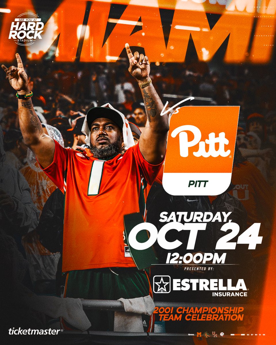 MiamiHurricanes's tweet photo. Canes Fam, we need YOU to pack @hardrockstadium this Saturday when @canesfootball takes on Pitt at noon, featuring a halftime tribute to the 2001 championship squad 🙌

Get tickets today starting at $20.01 😉🎟️ https://t.co/otaNcTMg7X https://t.co/wFmqvimi3M