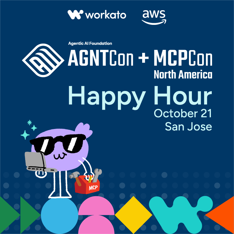 Workato's tweet photo. Heading to @AgenticAIFdn's AgentCon + MCPCon in San Jose 🤔? Join Workato and @awscloud for a private happy hour tomorrow, Wednesday, Oct 21, 4-6 PM.

We’re bringing together a small group of technical builders and AI leaders to swap ideas and talk through the latest innovations that are practical to adopt. Space is limited, and admission requires approval.

We'd love to see you there: https://t.co/3glLKUKXoi

#AgentCon #MCPCon #AI #Agents #MCP