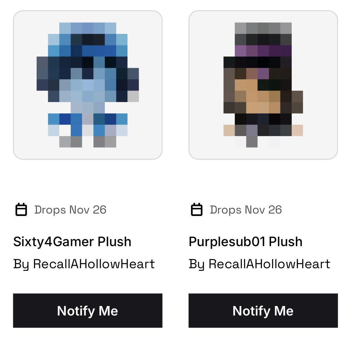 RobloxARGNews's tweet photo. #RecallAHollowHeart NEWS

Sixty4Gamer and Purplesub01 plushies are releasing November 26th! https://t.co/CgVkBfjoTU
