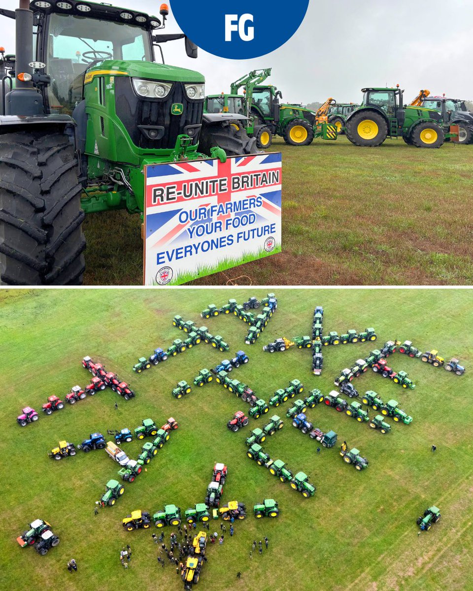 FarmersGuide's tweet photo. A clear message you can see from the sky 🚜

Following today's Family Farm Tax event in #Berkshire, dozens of tractors came together to spell out ‘AXE THE TAX’ - a striking display of opposition to the government's inheritance tax changes affecting family farms.

Catch up on our earlier posts for more Farmers Guide coverage from the day.

📸 @Conservatives press team

#FarmersGuide #AxeTheTax #FamilyFarmTax #BritishFarming @VictoriaAtkins @_RobbieMoore
