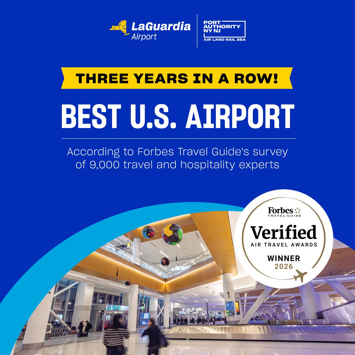 PANYNJ's tweet photo. A three-peat never looked so good!

For the third year in a row, LaGuardia Airport has been named “Best U.S. Airport” by Forbes Travel Guide.

Port Authority airports, including LaGuardia, Newark-Liberty International and JFK International, are undergoing a historic $50 billion transformation with the goal of creating world class and award-winning passenger facilities.

Read more here:
https://t.co/2rIunUVPco