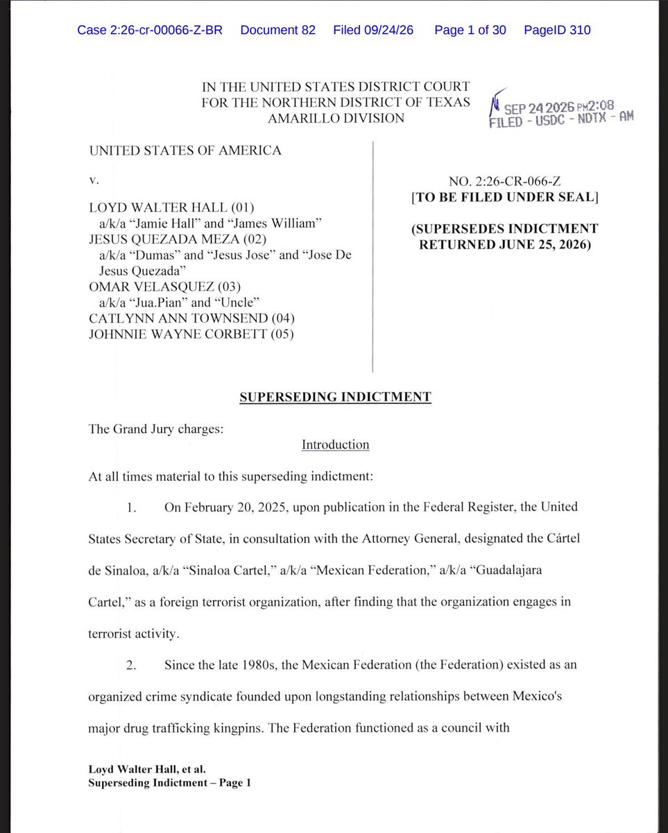 AliBradleyTV's tweet photo. An alleged pipeline of U.S.-purchased rifles and ammunition to the Sinaloa Cartel is now at the center of a 13-count federal indictment in Texas—including a charge of conspiring to provide material support to a foreign terrorist organization.

Federal prosecutors say Loyd Walter Hall, also known as “Jamie Hall” and “James William,” coordinated to supply the cartel with firearms, ammunition and equipment. The charges also describe a drug-trafficking conspiracy involving fentanyl, heroin and cocaine intended for the United States.

Authorities allege straw buyers were recruited to purchase weapons for others—lying on federal forms to conceal the actual buyers and help move firearms into criminal hands.

The superseding indictment adds a fifth defendant: Johnnie Wayne Corbett, 42, of Amarillo, who was arrested Oct. 17. Hall, Jesus Quezada Meza, Omar Velasquez and Catlynn Ann Townsend were initially indicted in June.

Hall, Meza, Velasquez and Corbett are in federal custody. Townsend has been issued a summons.

Hall faces up to life in prison if convicted. The other defendants face maximum sentences ranging from five to 15 years.

The case stems from a Homeland Security Task Force investigation led by ATF Dallas, with assistance from HSI Dallas and local partners. The charges are allegations; all five defendants are presumed innocent unless proven guilty.