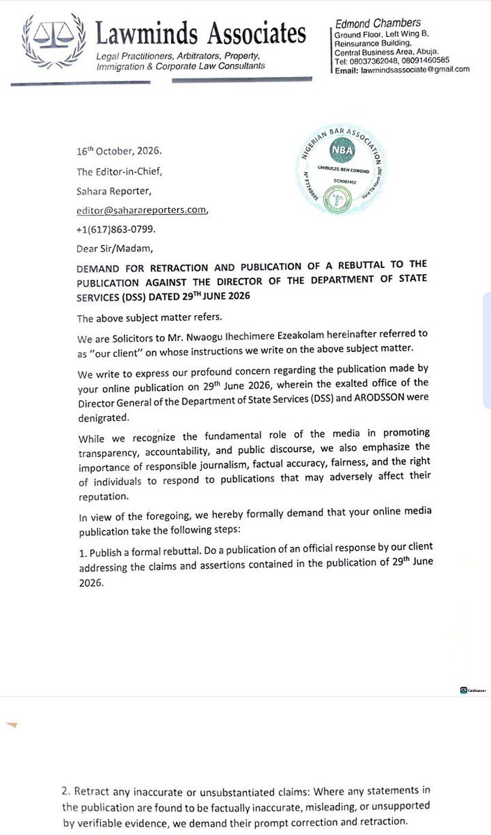 MusaIshaya8's tweet photo. @SaharaReporters Nwaogu Ihechimere Ezeakolam has apologized to the DG DSS and his counsel has demanded rebuttal of this publication but @SaharaReporters are ignoring it. Bunch of Clowns🤡. https://t.co/g9VMVN4siA