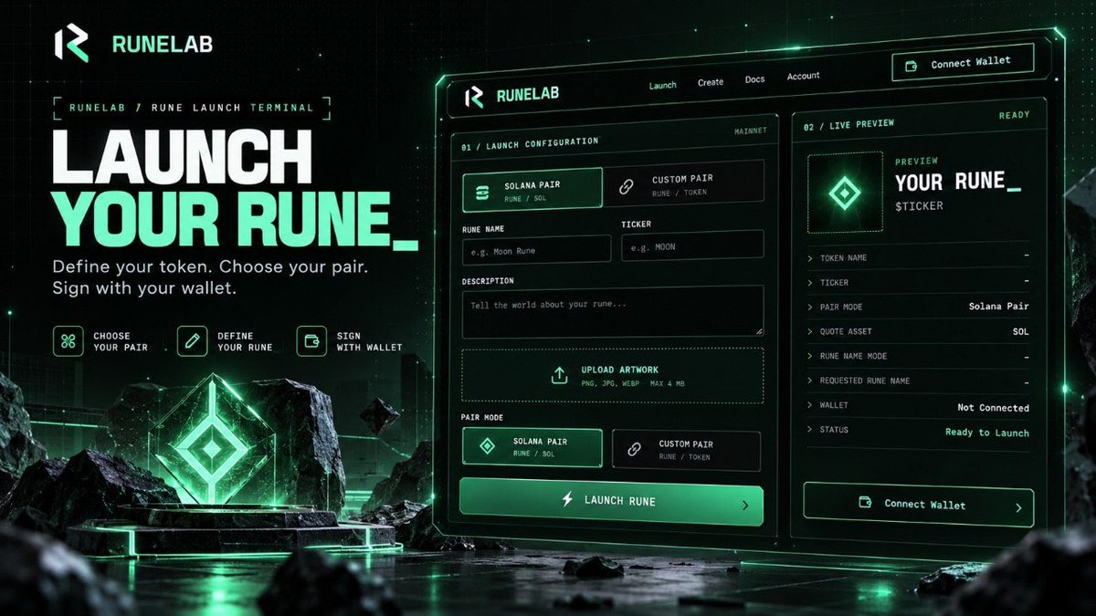 RuneLabFun's tweet photo. The Create interface collects validated launch fields and uses the connected wallet for signing. Metadata is uploaded through the application API to configured IPFS storage, the prepared transaction is sent on Solana, and the server verifies the confirmed transaction before a token record can appear in RuneLab discovery and detail views.

Define your token. Choose your pair. Sign with your wallet