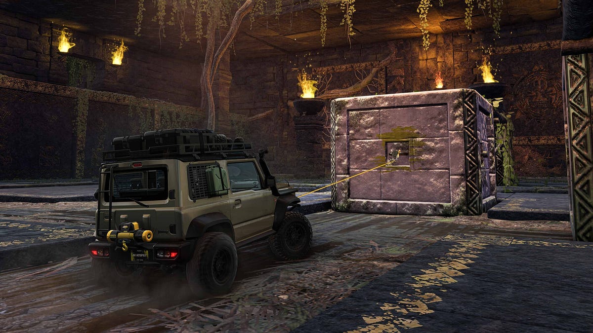 playswave_com's tweet photo. Ubisoft's $10 Tomb Raider crossover for The Crew Motorfest has you raid tombs in a Suzuki Jimny — Lara Croft never shows up, only her drone.

She's 'in Mongolia.' There are dinosaurs.

 (1/2) https://t.co/aZTP64TTEt