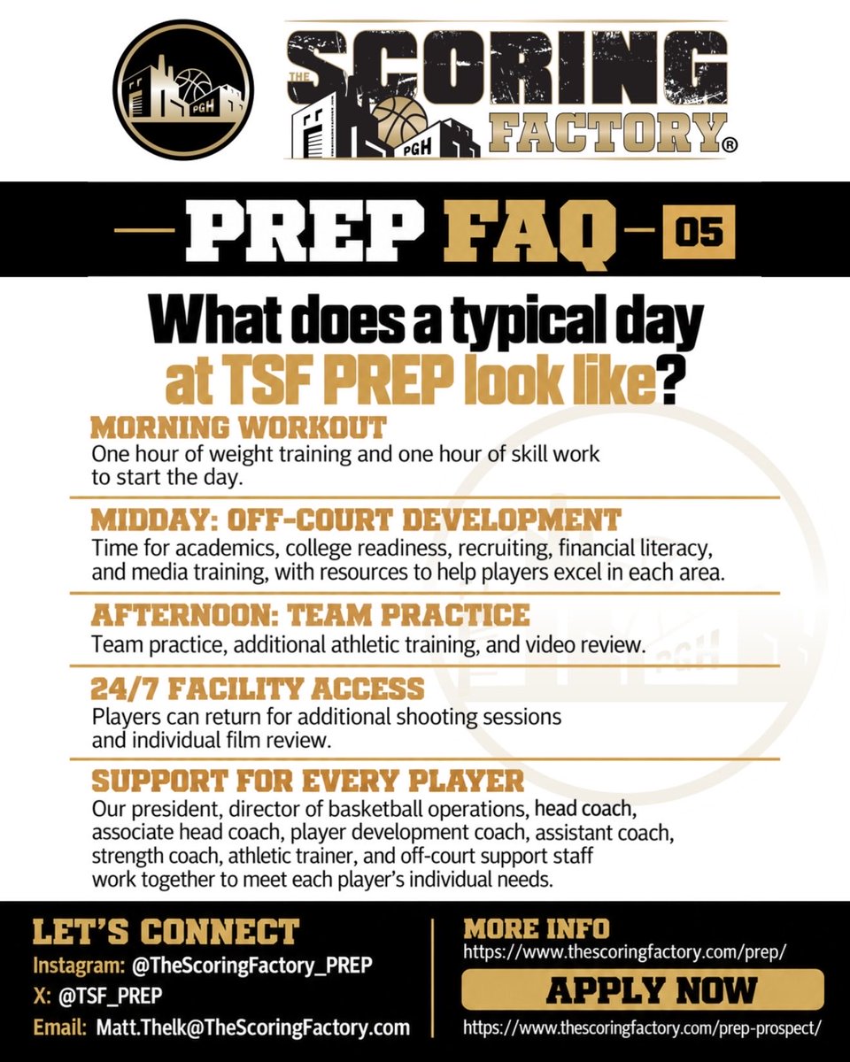 TSF_PREP's tweet photo. What does a typical day at TSF PREP look like? 🏀

Mornings begin with an hour of weight training and an hour of skill work. Midday gives players time to focus on academics, college readiness, recruiting, financial literacy, and media training—with resources to support each area.

Afternoons bring team practice, athletic training, and video review. Players also have 24/7 facility access for additional shooting sessions and individual film review.

Our coaching, performance, and off-court support staff work together to meet each player’s individual needs and prepare them for the next level.

📩 Interested in TSF PREP? Send us a DM or email Matt.Thelk@TheScoringFactory.com.