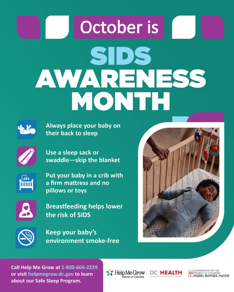 _DCHealth's tweet photo. October is SIDS Awareness Month, a time to learn, share, and support safe sleep practices for infants. Every family deserves the knowledge and tools to create a safe sleep environment. Let’s work together to reduce SIDS &amp; support healthier futures. Visit: https://t.co/oQLjio8SIG https://t.co/GygaKQHPOr