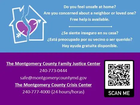 MontCoExec's tweet photo. October is Domestic Violence Awareness Month. I hope you never need these resources, but knowing where to turn can make a difference. Please save and share these numbers. You never know who might need them.

Family Justice Center: 240-773-0444
24/7 Crisis Center: 240-777-4000 https://t.co/NCCNS3jKUs