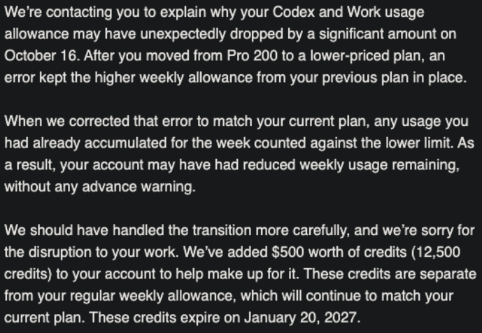 JustLingonberry's tweet photo. Unconfirmed OpenAI insider info: 

They are not happy with Tibo and no more endless resets. 

$500 worth of credits that won't last a few hours with astra is ****ing insult. https://t.co/mrEULlnB3U