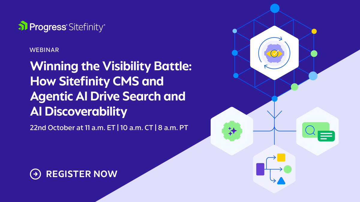 Sitefinity's tweet photo. Is your content visible where customers search today? 🔍 

Join the 'Winning the Visibility Battle' webinar &amp; learn how Sitefinity CMS + Agentic #AI can boost search visibility, AI discoverability, SEO &amp; GEO performance. 

Register now for Oct 22: https://t.co/f37kBnJgD7 https://t.co/dh9X7br2AC
