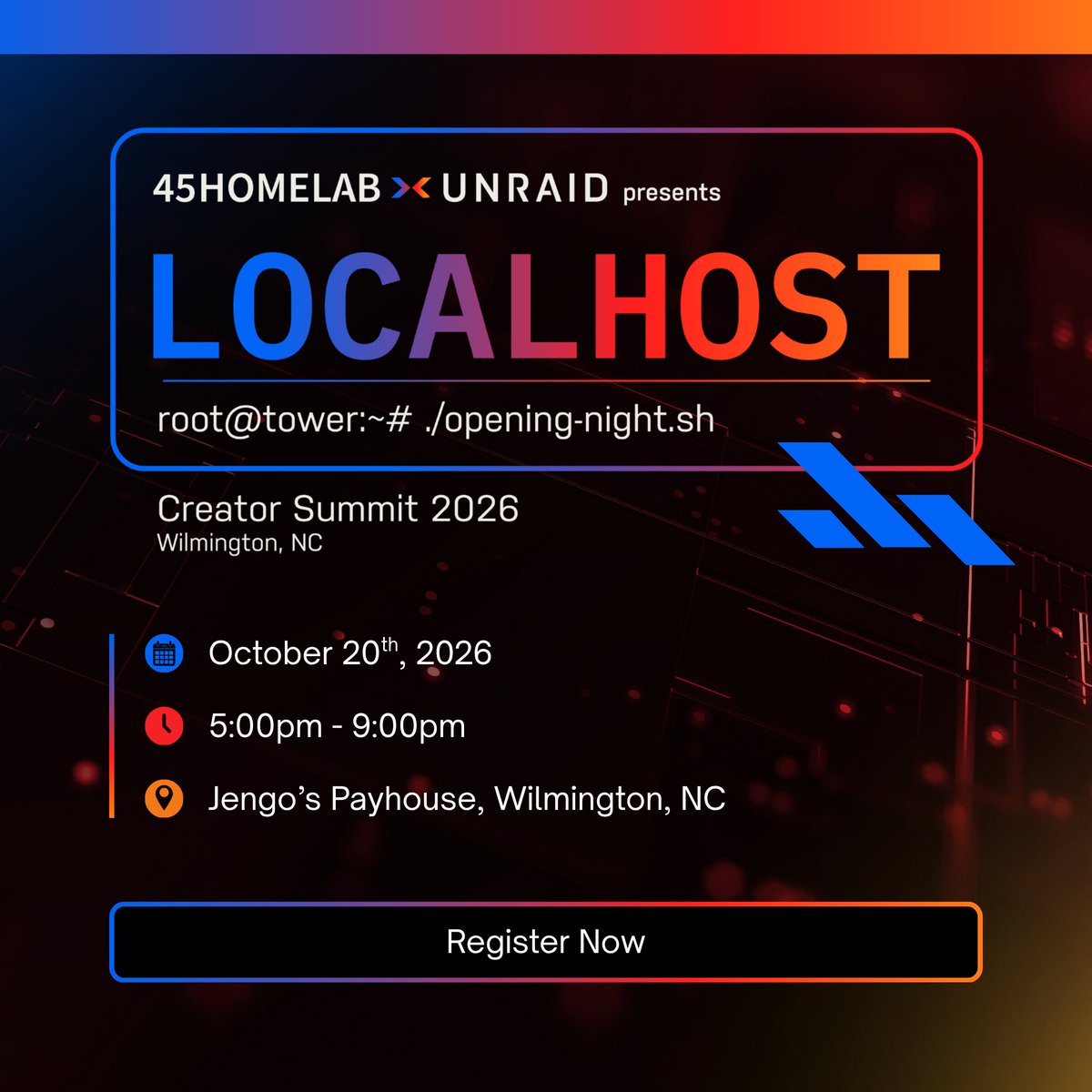 45Homelab's tweet photo. 🚨 HAPPENING TONIGHT: LocalHost 

Join us tonight at Jengo’s Playhouse for the opening night of Creator Summit 2026! Come hang out, see the X4 in action, and connect with the homelab and creator community.

📅 October 20, 2026
🕔 5:00 PM – 9:00 PM
📍 Jengo’s Playhouse, Wilmington, NC

Space is limited, so register now and join us tonight! 
https://t.co/QE6C33JS2R