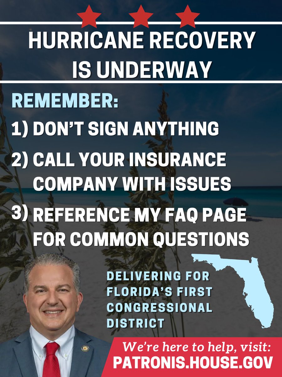 A political hurricane recovery information poster featuring a beach scene with storm-damaged palm trees, a portrait of a man in a suit, and a map of Florida. It contains prominent text with recovery advice and contact information.