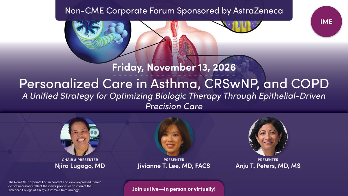 PeerView's tweet photo. “#Asthma, #CRSwNP, and #COPD: Optimizing Biologic Therapy Through Epithelial-Driven Precision Care” with Drs. Njira Lugogo (@DocLugogo), Jivianne T. Lee and Anju T. Peters on 11/13 at 7:45 PM MST: https://t.co/9rt4s1uaoK

Thank you to our supporter @AstraZeneca

#Pulmonology #MedEd