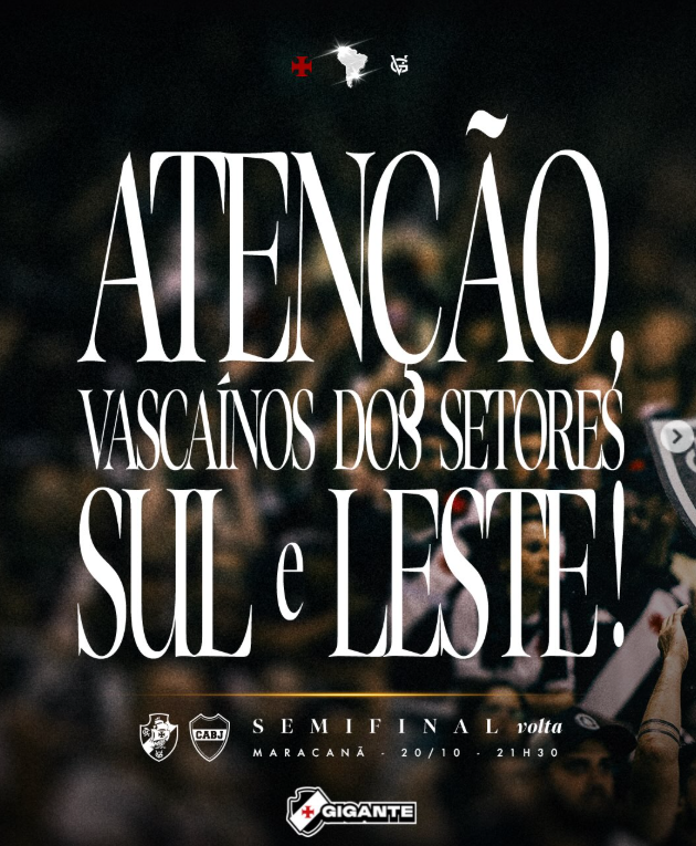 midiavascaina's tweet photo. VASCO PEDE PARA QUE VASCAÍNOS DO SETOR SUL E LESTE ENTREM CEDO

Você vascaíno que estará nos setores SUL e LESTE do Maracanã, ENTRE CEDO. Sua presença é fundamental para a festa ficar DAQUELE JEITO. https://t.co/r8kB1kikuT