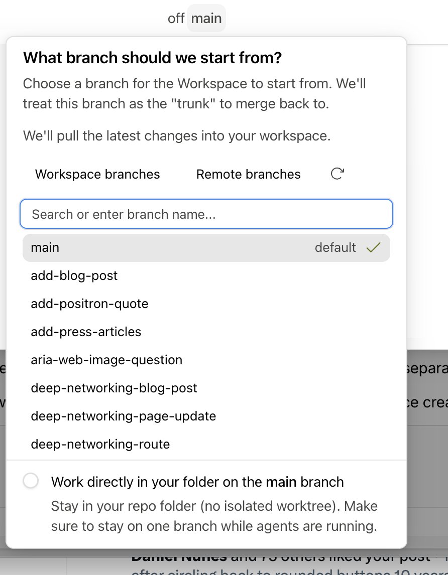 LukeW's tweet photo. @sanjay15693 do you mean no worktree? if so, yes:
A workspace is Intent’s container for files, notes, and agents. A worktree is a separate Git checkout. checkbox on the bottom for no worktree. https://t.co/OUqfgsTFSN