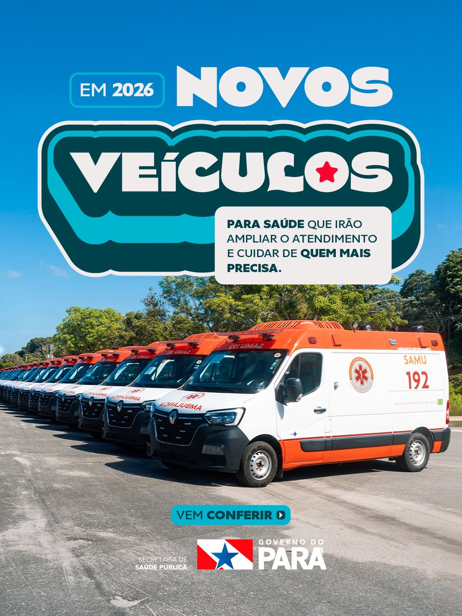 GovernoPara's tweet photo. Mais veículos para a saúde, mais agilidade no atendimento e mais cuidado com a população paraense!

Em 2026, o Governo do Pará, em parceria com o @govsaude , reforçou a rede pública de saúde com a entrega de novos veículos, garantindo mais segurança, mobilidade no transporte de pacientes, mais rapidez no atendimento de urgências e emergências e melhores condições de acesso aos serviços de saúde em diferentes regiões do estado.

São investimentos que encurtam distâncias, fortalecem o SUS e ajudam a levar atendimento e cuidado a quem mais precisa.