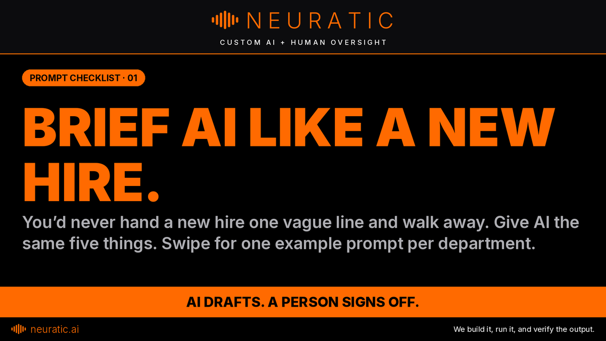 Neuraticai's tweet photo. Brief AI like a new hire: context, goal, constraints, output format, and how you'll judge it.

Inside: one example prompt each for ops, finance, HR, sales and customer service.

Then a person reviews what comes back. AI drafts. A person signs off.

#AI #AIAutomation https://t.co/EXklHmpvdz