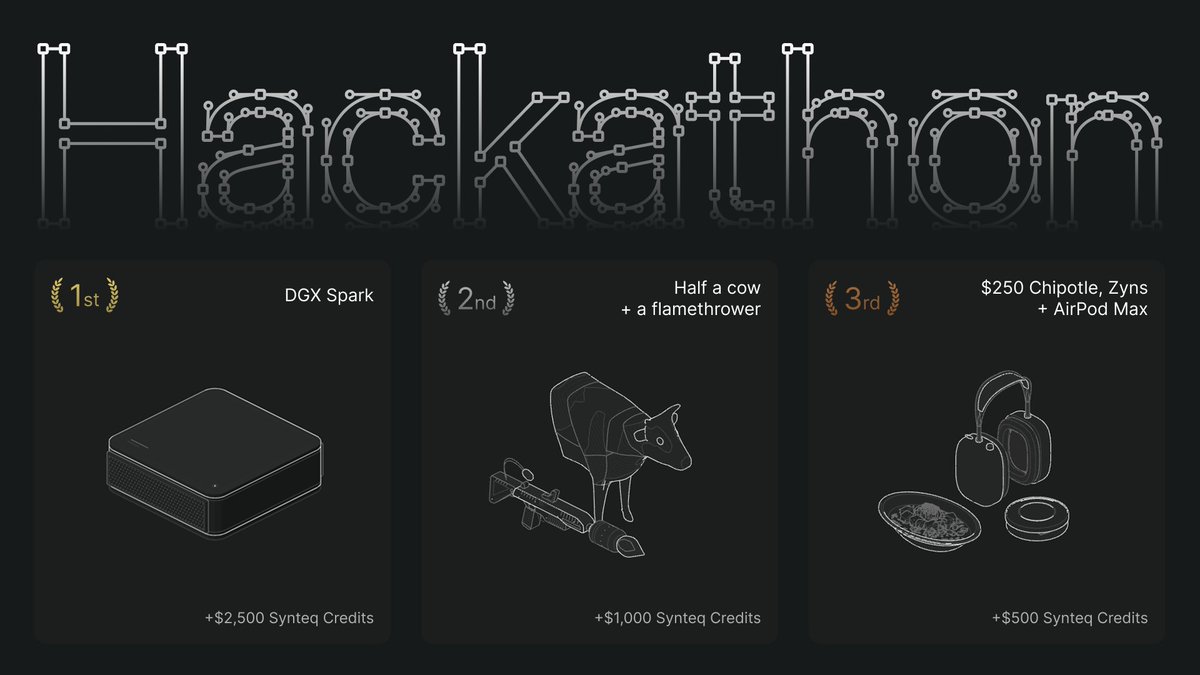 synteq's tweet photo. Vibecode an app and win a supercomputer.

Or half a Cow 🐂 and a Flamethrower 🔥...

Introducing Synteq Hack(athon).

We’re giving out a DGX Spark, AirPods Max, Chipotle credits and more, plus get $20 in free credits to start building.

https://t.co/WTqhJ4sXVh https://t.co/lCeDcg4786
