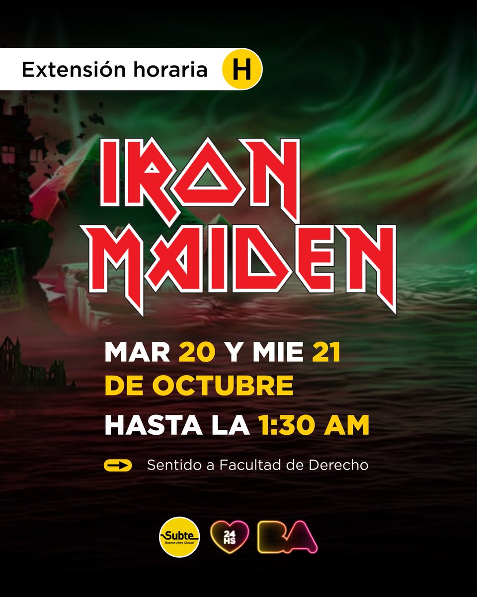 basubte's tweet photo. 🤘💛 Este martes 20 y miércoles 21 de octubre, la Línea H extenderá su horario de servicio hasta la 1:30 a. m. por el recital de Iron Maiden en Huracán.

👉 EL INGRESO SERÁ ÚNICAMENTE POR LA ESTACIÓN CASEROS.

Estaciones habilitadas para el descenso: Humberto 1°, Once, Corrientes y Santa Fe.

‼️ Chequeá los accesos habilitados.

#subte #buenosaires #ironmaiden