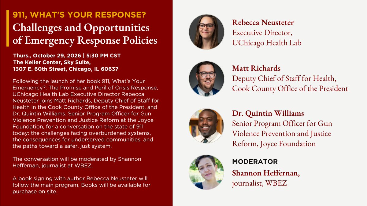 HarrisPolicy's tweet photo. Join us on October 29 for an event exploring America's crisis response system, and celebrating the release of 911, What’s Your Emergency?: The Promise and Peril of Crisis Response, a new book by Rebecca Neusteter.

Register: https://t.co/3NkGj6hFVn https://t.co/ecfYAB5cru