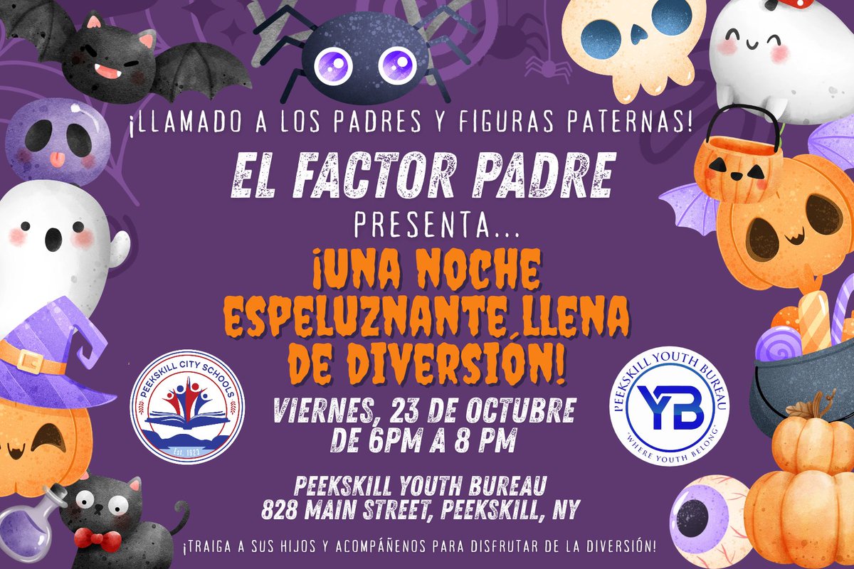 PeekskillCSD's tweet photo. Our next Father Factor event is a “Spooky Friday Fun Night” on Friday, October 23 from 6-8PM at the Peekskill Youth Bureau. All fathers and father figures are invited to bring their children out for a special evening celebrating Halloween early! https://t.co/DzWK3p6uEb