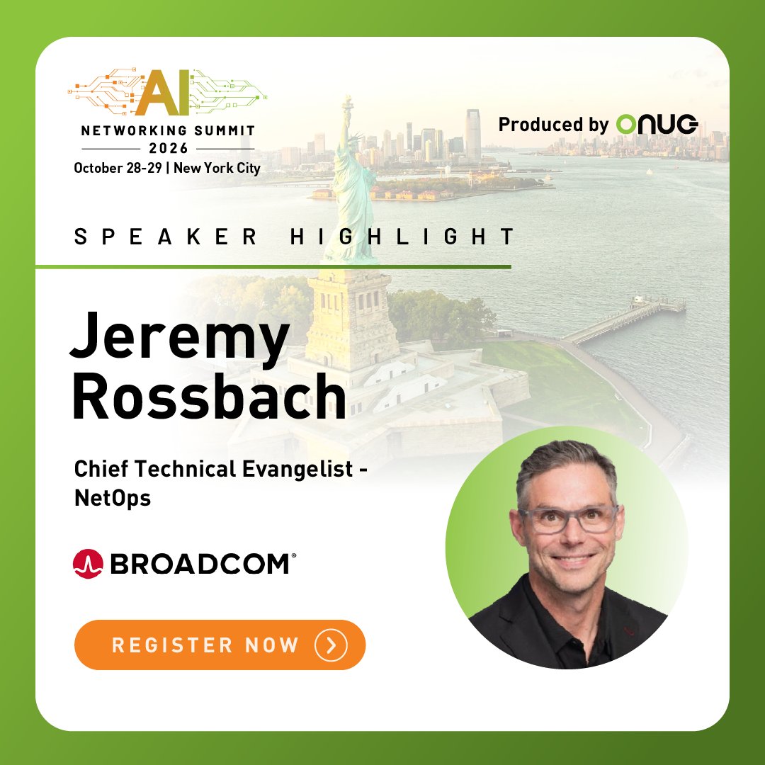 NetOpsByBRCM's tweet photo. The future of networking takes center stage at ONUG Fall 2026. Join Jeremy Rossbach as he emcees the AI Networking Summit in NYC, Oct. 28–29. #ONUGFall2026

https://t.co/HJrqJKpTTW https://t.co/3wguPFFqyl