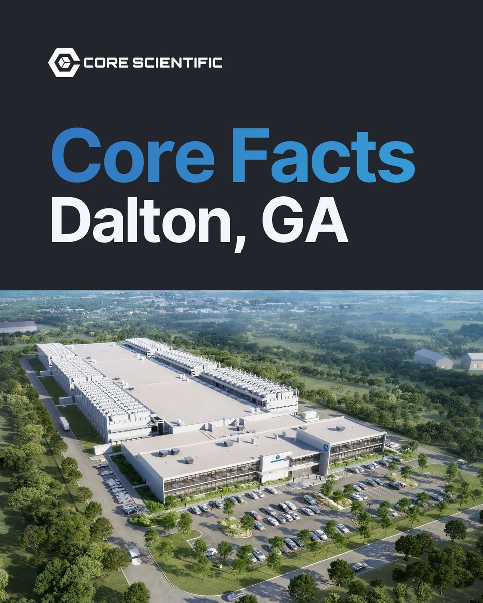 Core_Scientific's tweet photo. There's a lot of noise about data centers, which is why we like to focus on the facts.

Take our Dalton, Georgia campus as an example:

→ 100% support of power rate structures, ensuring our costs are not shifted to local households.

→ Our closed-loop cooling system runs on a single fill of water for up to 20 years.

→ 117 full and part time site employees and contractors employed locally post-construction.

→ Sound levels average 60-65 decibels during operation, similar to a normal conversation.