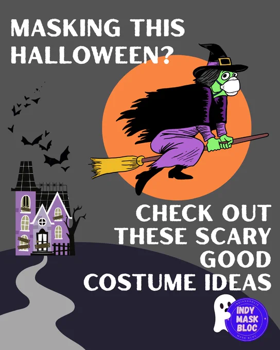 Image 1: Masking this Halloween? Check out these scary good costume ideas. A drawing of a masked witch is flying over a haunted house with bats flying around.