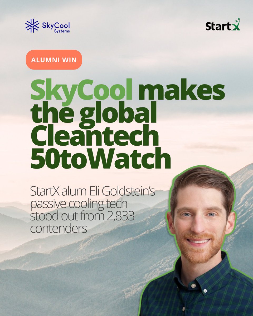 StartX's tweet photo. Congrats to StartX alum Eli Goldstein and @SkyCoolSystems on making @CleantechGroup’s #50toWatch! 🎉

Their roofs stay cooler than the air with no electricity, by sending heat to space. Born in a Stanford lab, built alongside 3,000+ StartX founders, now at 30+ sites. 🌍 https://t.co/yoFQujHga0