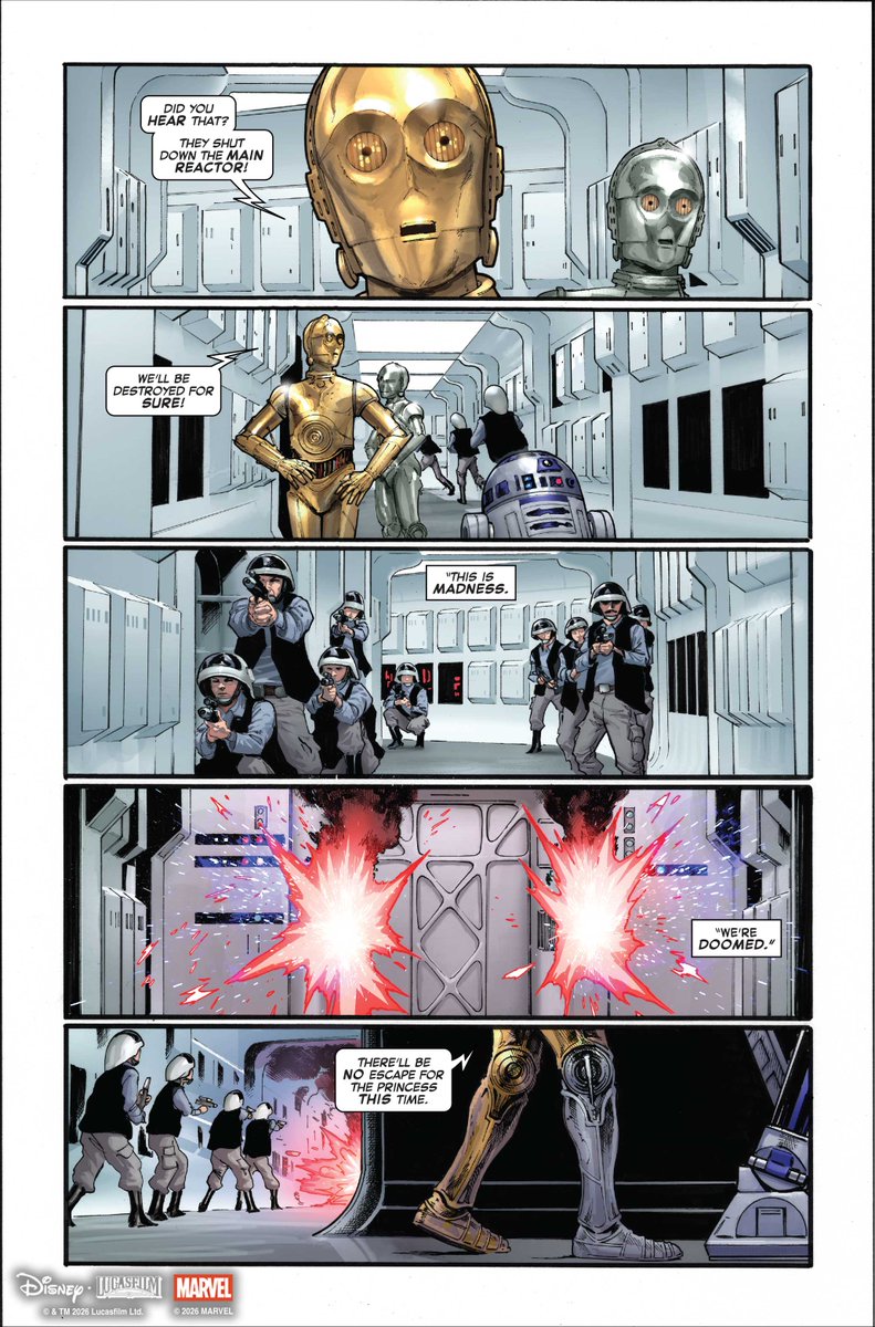 MarvelComicsHQ's tweet photo. Marvel heroes crash the iconic opening scene of Star Wars! Read an all-new preview of ‘Star Wars | Marvel: Hope Assembles’ #1 by Kevin Smith and David Marquez. Arriving in January, the six-issue series marks the historic first-ever crossover between the Star Wars and Marvel Universe. 🧵⬇️