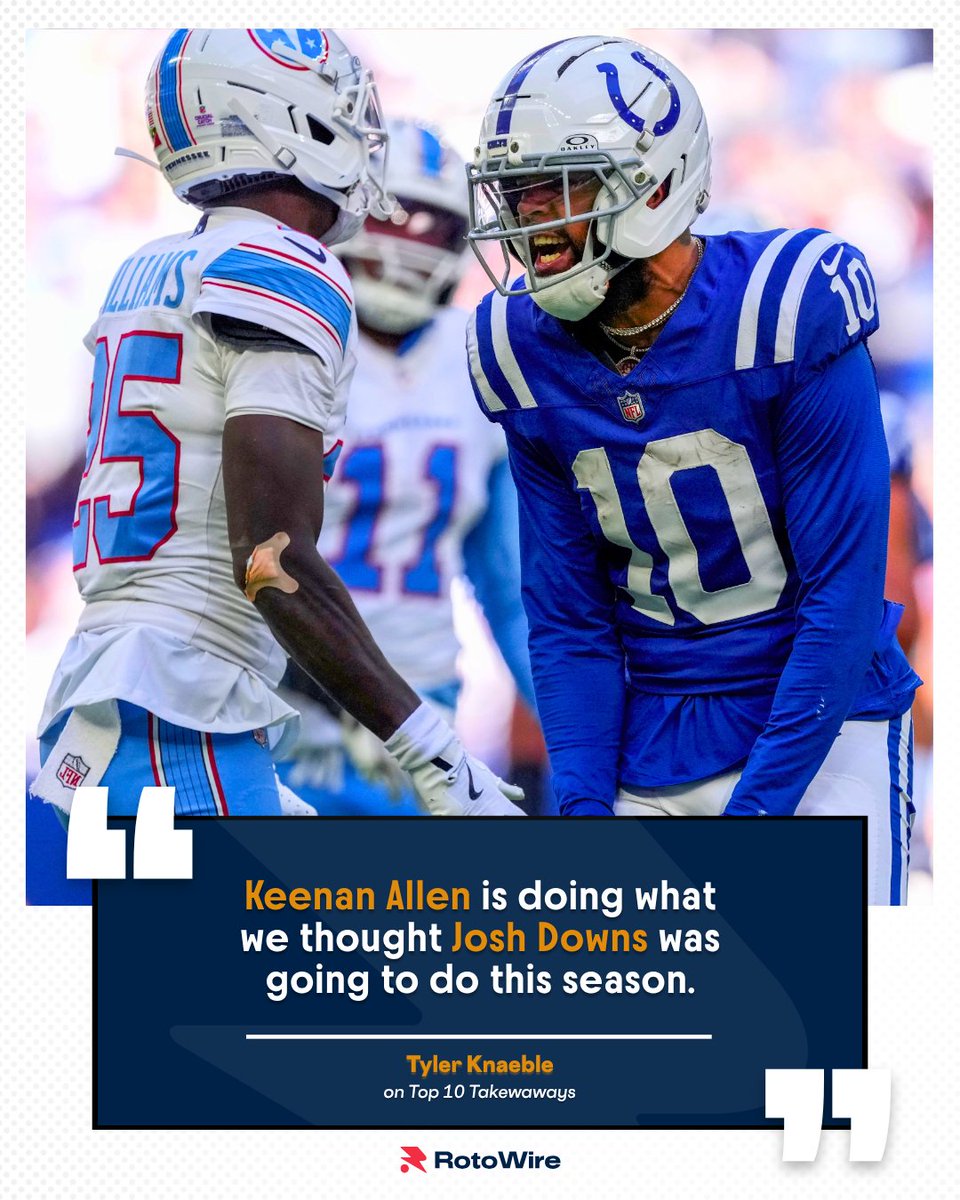 RotoWire's tweet photo. Keenan Allen:
11 targets
8 catches
82 yards

Josh Downs:
8 targets
4 catches
40 yards https://t.co/D0nSSHvPdN