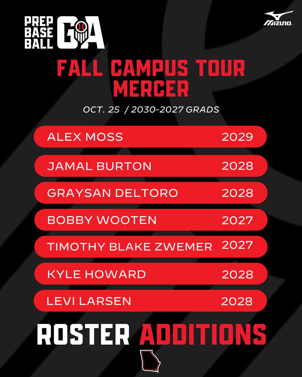 PrepBaseballGA's tweet photo. 𝐅𝐚𝐥𝐥 𝐂𝐚𝐦𝐩𝐮𝐬 𝐓𝐨𝐮𝐫: 𝐌𝐞𝐫𝐜𝐞𝐫 🍂 
𝐑𝐨𝐬𝐭𝐞𝐫 𝐀𝐝𝐝𝐢𝐭𝐢𝐨𝐧𝐬 ✅ 

The Campus Tour series kicks off this Sunday, October 25th at Mercer. Excited to be back down in Macon for the 2nd time this year at the newly renovated facility for the Bears. 

Roster, Event Details, More....
https://t.co/AOshtm1afg