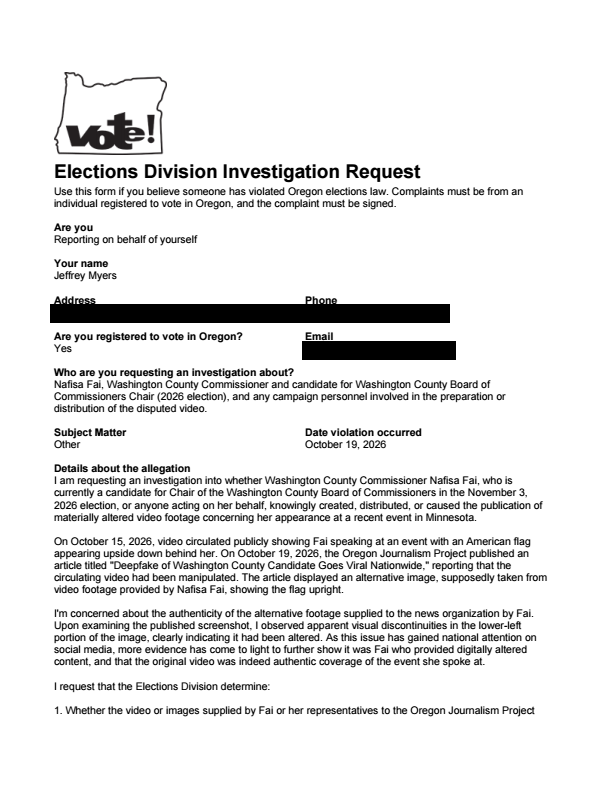PapaBearMyers's tweet photo. @NafisaFaiWashCo I filed a complaint with the Oregon Secretary of State Elections Division this morning, as I believe Nafisa Fai violated ORS 260.268 when she provided the digitally altered video/image to @OregonJournProj without proper disclosure.

Your move @OregonSOS. https://t.co/y4PV8DEwaK